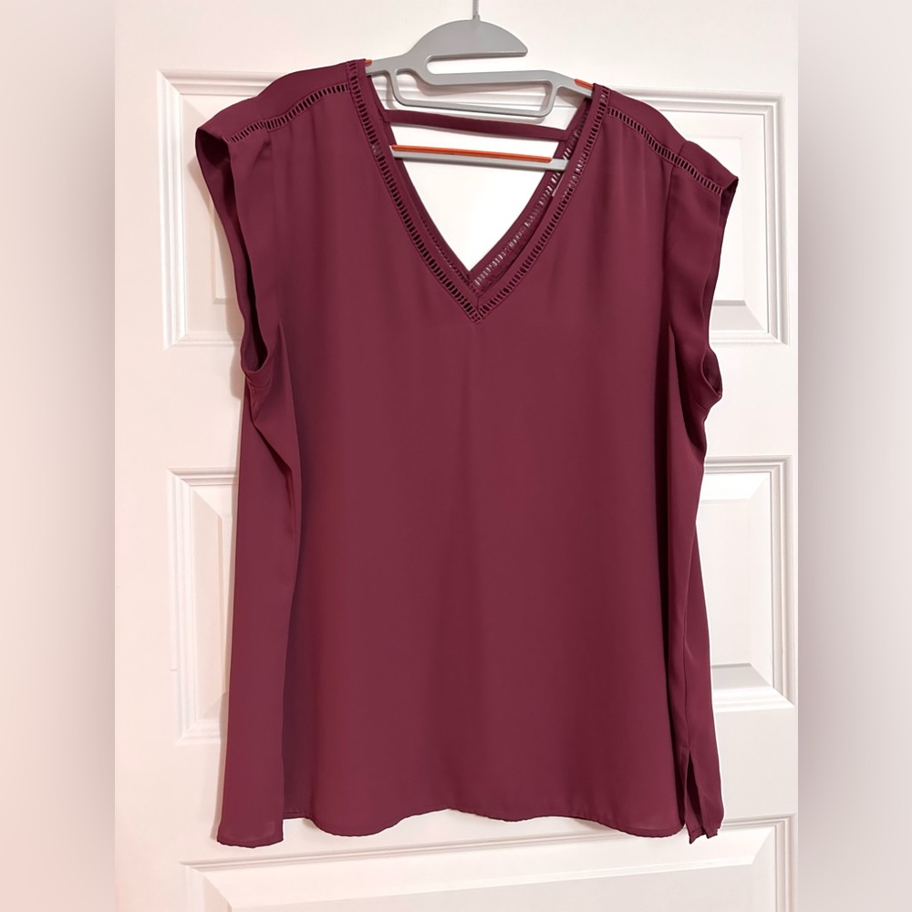 DR2 cap sleeve blouse, V neck, dark mauve